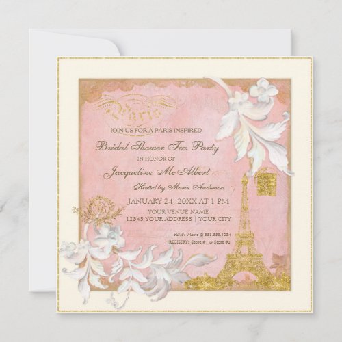 Paris Eiffel Tower Pink n Gold Elegant Bridal Tea Invitation