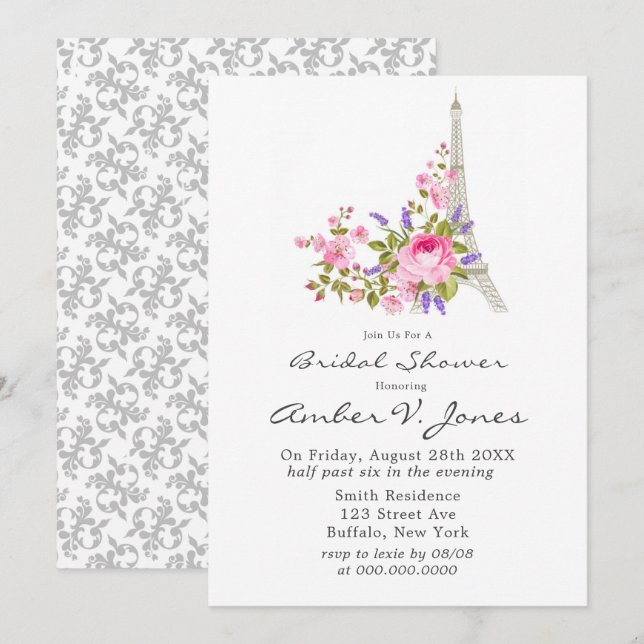 Paris Eiffel Tower Pink Peony Bridal Shower Invita Invitation (Front/Back)