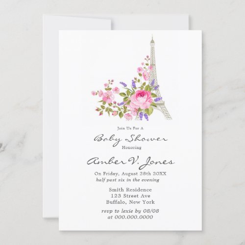 Paris Eiffel Tower Pink Peony Girl Baby Shower Invitation