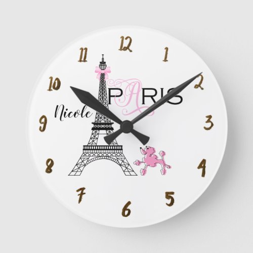 Paris Eiffel Tower Pink Poodle Chic Personalized Round Clock