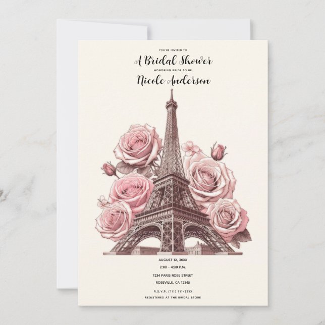 Paris Eiffel Tower & Pink Roses Bridal Shower Invitation (Front)