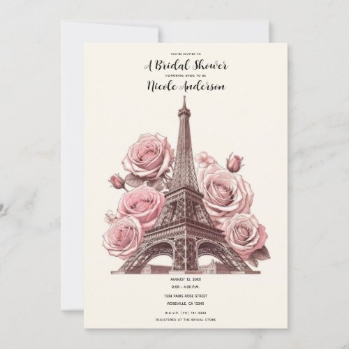 Paris Eiffel Tower  Pink Roses Bridal Shower Invitation