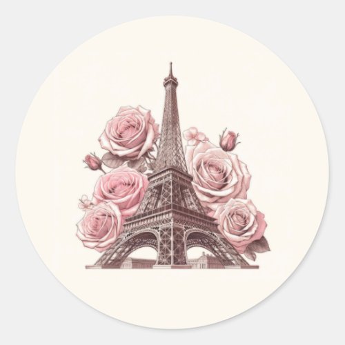 Paris Eiffel Tower  Pink Roses Classic Round Sticker