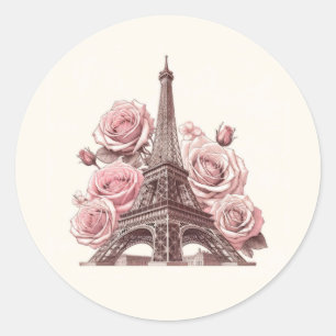 Paris Eiffel Tower & Pink Roses Classic Round Sticker