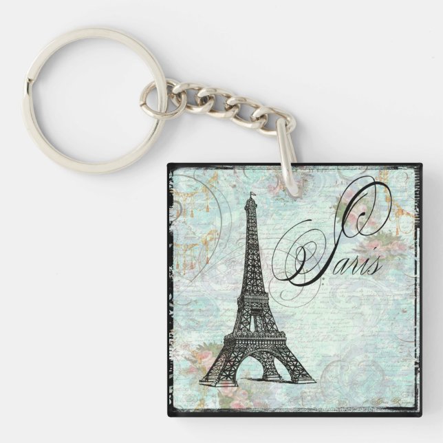 Paris Eiffel Tower & Pink Roses Keychain (Front)