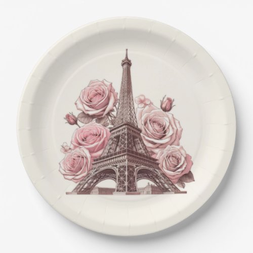 Paris Eiffel Tower  Pink Roses Paper Plates