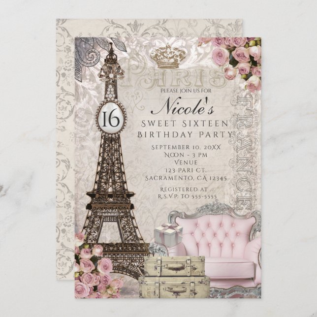 Paris Eiffel Tower Pink Roses Party Invitations (Front/Back)