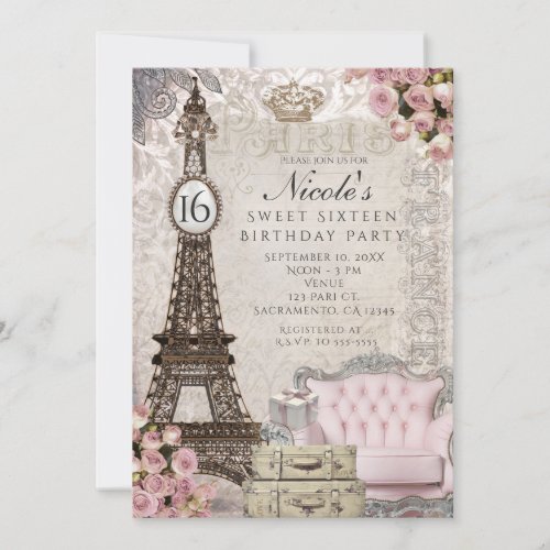 Paris Eiffel Tower Pink Roses Party Invitations