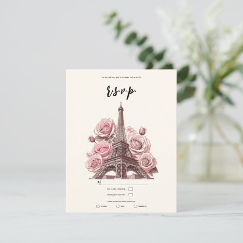 Paris Eiffel Tower  Pink Roses Party Wedding RSVP Invitation