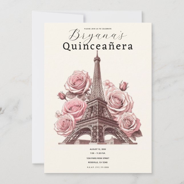 Paris Eiffel Tower & Pink Roses Quinceañera Invitation (Front)