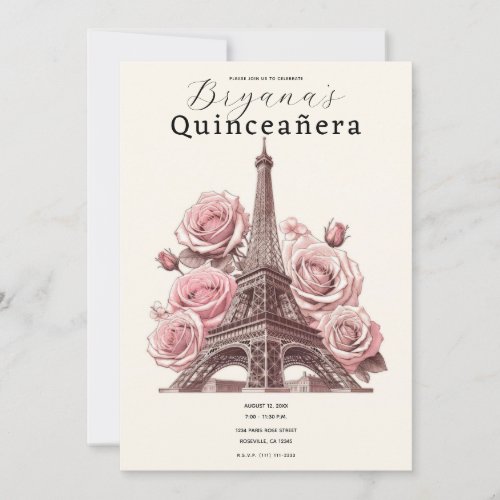Paris Eiffel Tower  Pink Roses Quinceaera Invitation