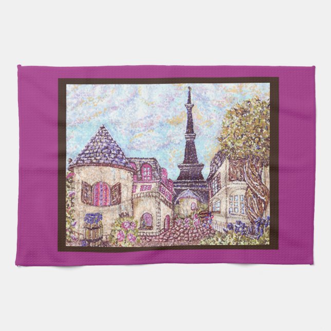 Paris Eiffel Tower pointillism berry kitchen towel (Horizontal)