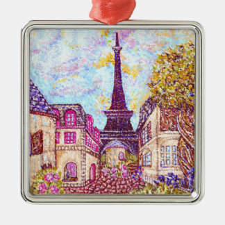 Paris Eiffel Tower Pointillism Landscape Metal Ornament