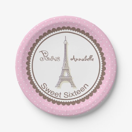 Paris Eiffel tower polka dot Sweet 16 Paper Plate