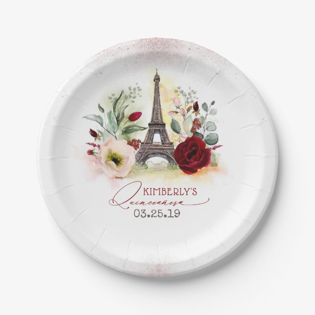 Paris Eiffel Tower Quinceañera 15th Birthday Party Paper Plates (Front)