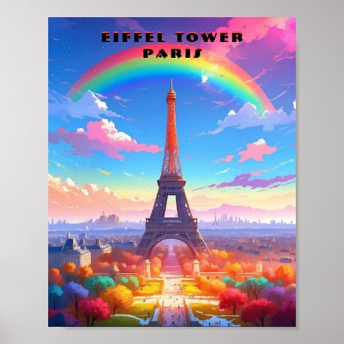 Paris Eiffel Tower Rainbow Sky Poster