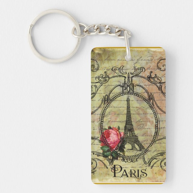 Paris Eiffel Tower & Red Rose Keychain (Front)