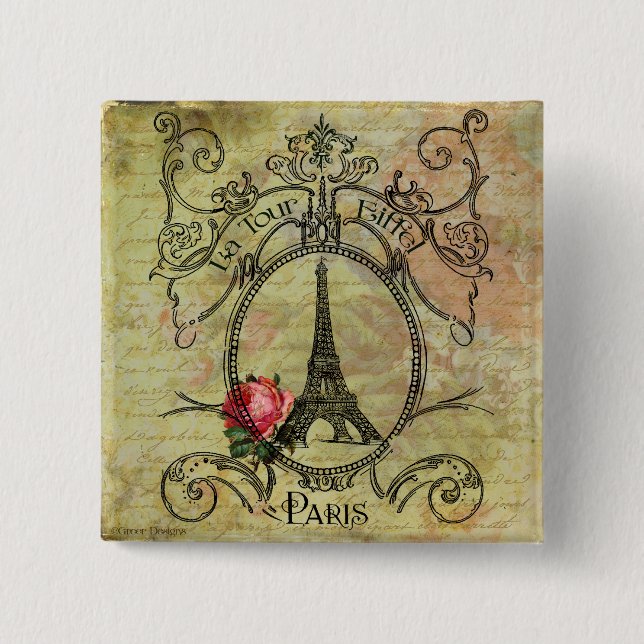 Paris Eiffel Tower & Red Rose Steampunk Button (Front)