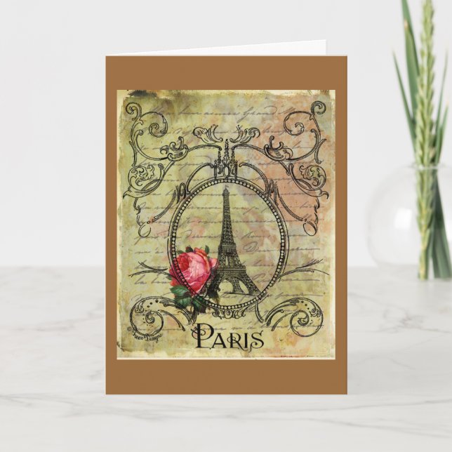 Paris Eiffel Tower & Red Rose Steampunk Card (Front)