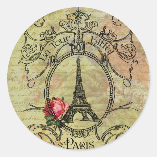 Paris Eiffel Tower & Red Rose Steampunk Classic Round Sticker (Front)