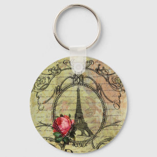 Paris Eiffel Tower & Red Rose Steampunk Keychain