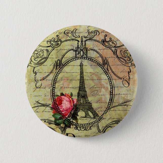 Paris Eiffel Tower & Red Rose Steampunk Pinback Button (Front)