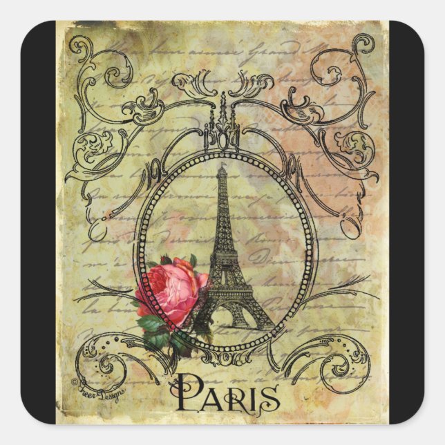 Paris Eiffel Tower & Red Rose Steampunk Square Sticker (Front)