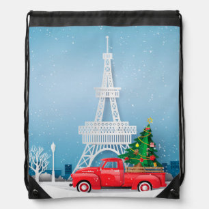 Paris Eiffel Tower Red Truck Christmas Drawstring Bag