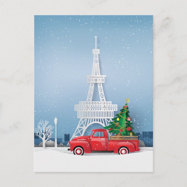 Paris Eiffel Tower Red Truck Christmas Postcard (Front)
