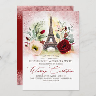 Paris Eiffel Tower Rose Gold and Burgundy Wedding Invitation