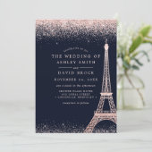 Paris Eiffel Tower Rose Gold Confetti Navy Wedding Invitation (Standing Front)