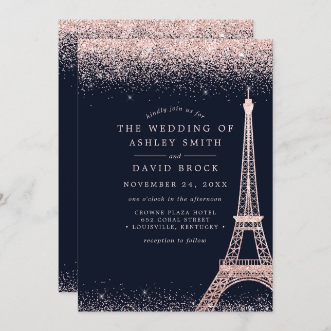 Paris Eiffel Tower Rose Gold Confetti Navy Wedding Invitation (Front/Back)