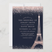 Paris Eiffel Tower Rose Gold Confetti Navy Wedding Invitation (Front)