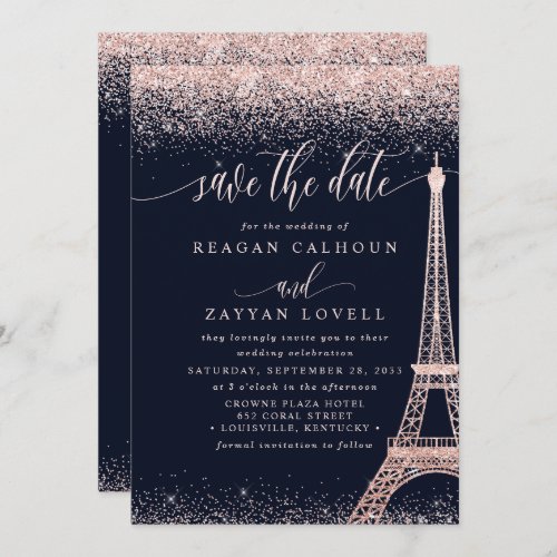 Paris Eiffel Tower Rose Gold Save The Date Card