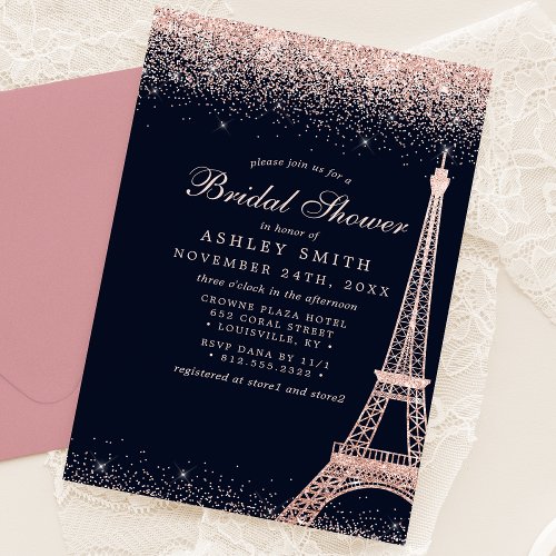 Paris Eiffel Tower Rose Gold Sparkle Bridal Shower Invitation