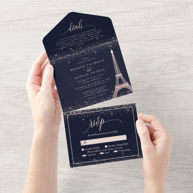 Paris Eiffel Tower Rose Gold Sparkle Wedding All I All In One Invitation (Tearaway)