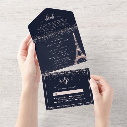 Paris Eiffel Tower Rose Gold Sparkle Wedding All I All In One Invitation