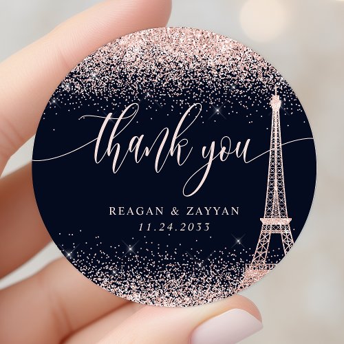 Paris Eiffel Tower Rose Gold Wedding Thank You Classic Round Sticker