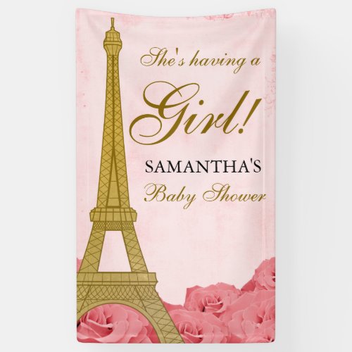 Paris Eiffel Tower Roses Pink Gold Baby Shower Banner