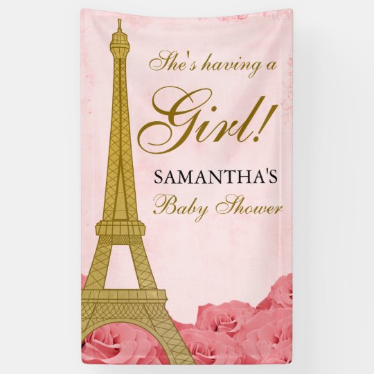 Paris Eiffel Tower Roses Pink Gold Baby Shower Banner Zazzle Com