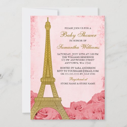 Paris Eiffel Tower Roses Pink Gold Baby Shower Invitation