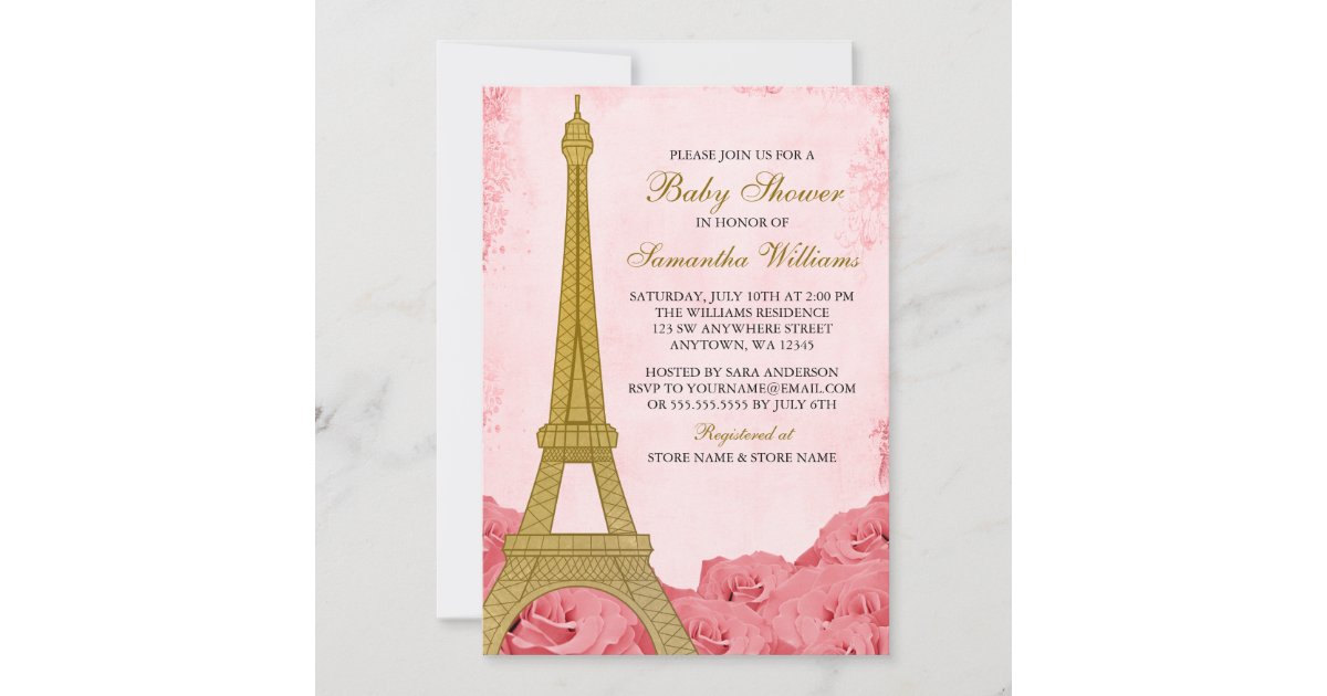 Paris Eiffel Tower Roses Pink Gold Baby Shower Invitation Zazzle Com