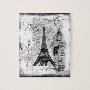 Paris Eiffel Tower Scene Collage Black & White Jigsaw Puzzle