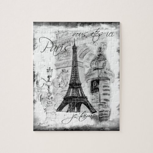 Paris Eiffel Tower Scene Collage Black  White Jigsaw Puzzle