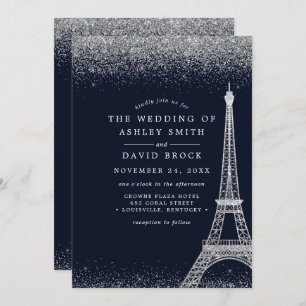 Paris Eiffel Tower Silver Confetti Navy Wedding Invitation