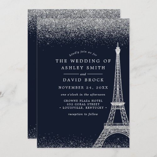Wedding Invitations 11 Paris Eiffel Tower Silver Confetti Navy Wedding Invitation