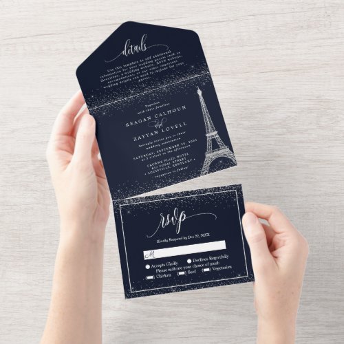Wedding Invitations 16 Paris Eiffel Tower Silver Glitter Sparkle Wedding All In One Invitation