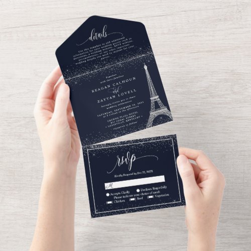 Paris Eiffel Tower Silver Glitter Sparkle Wedding All In One Invitation