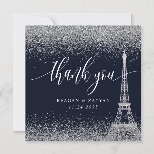 Paris Eiffel Tower Silver Navy Wedding Thank You Card (Front)