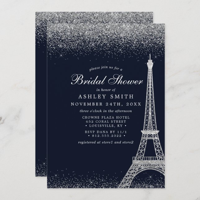 Paris Eiffel Tower Silver Sparkle Bridal Shower Invitation (Front/Back)